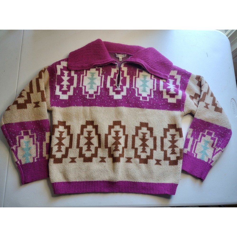 Woven Heart‎ Sweater Medium Southwestern Aztec Pullover Quarter Zip Collared